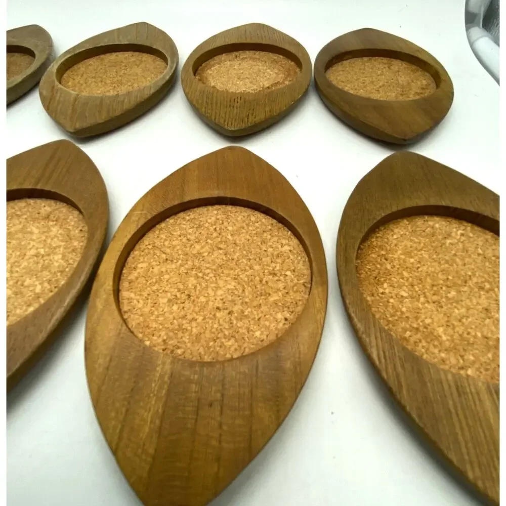 Sixties Hand carved Japan Hardwood & Cork Eye Coasters 8 Mid-Century Mod Sere‎